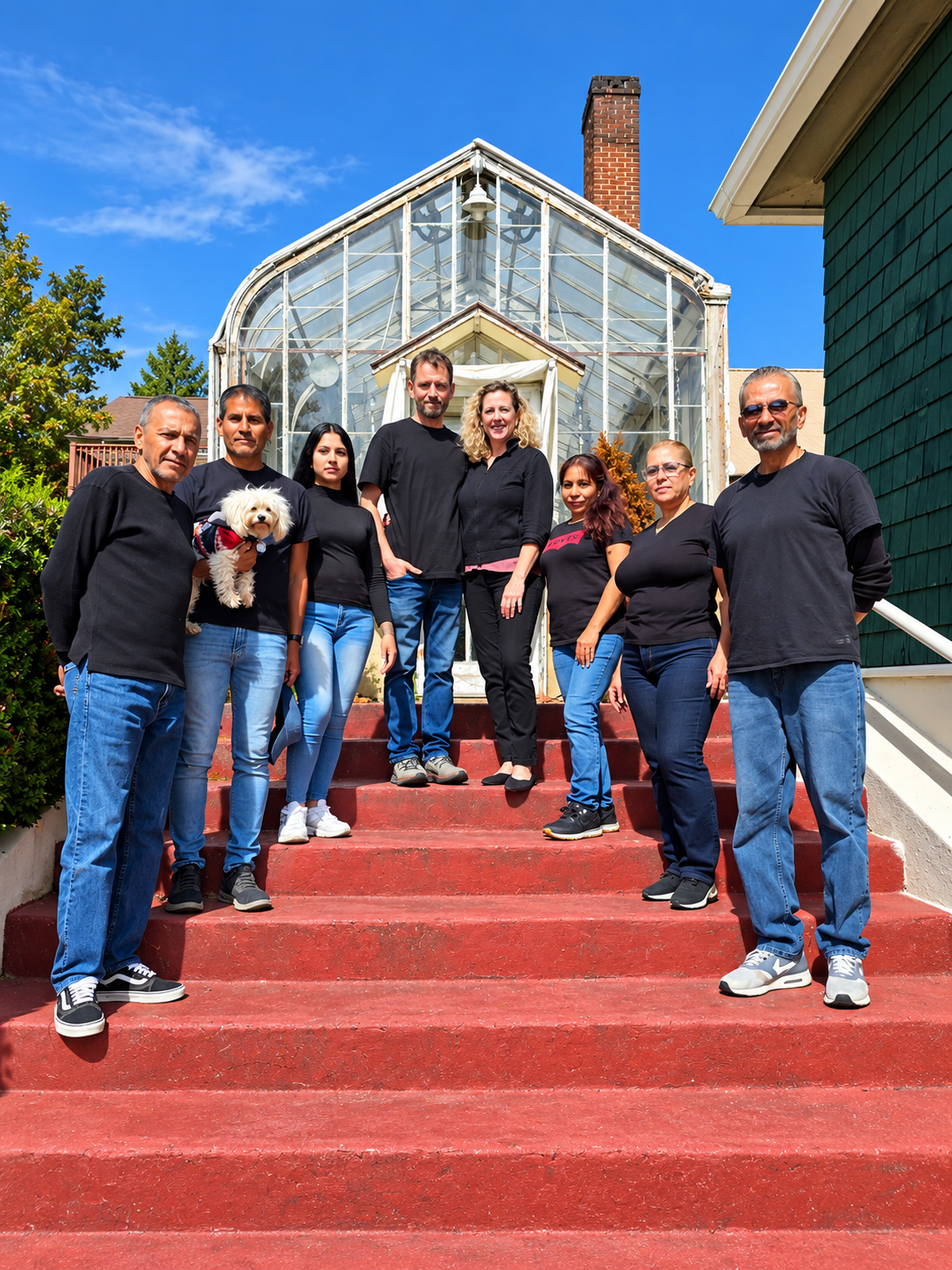 The Harris Florist and Greenhouse team on the steps of the Greenwood Street greenhouse
