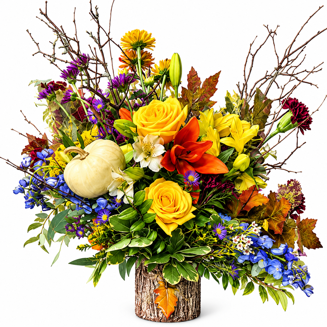 Fall Bark Vase with White Pumpkin