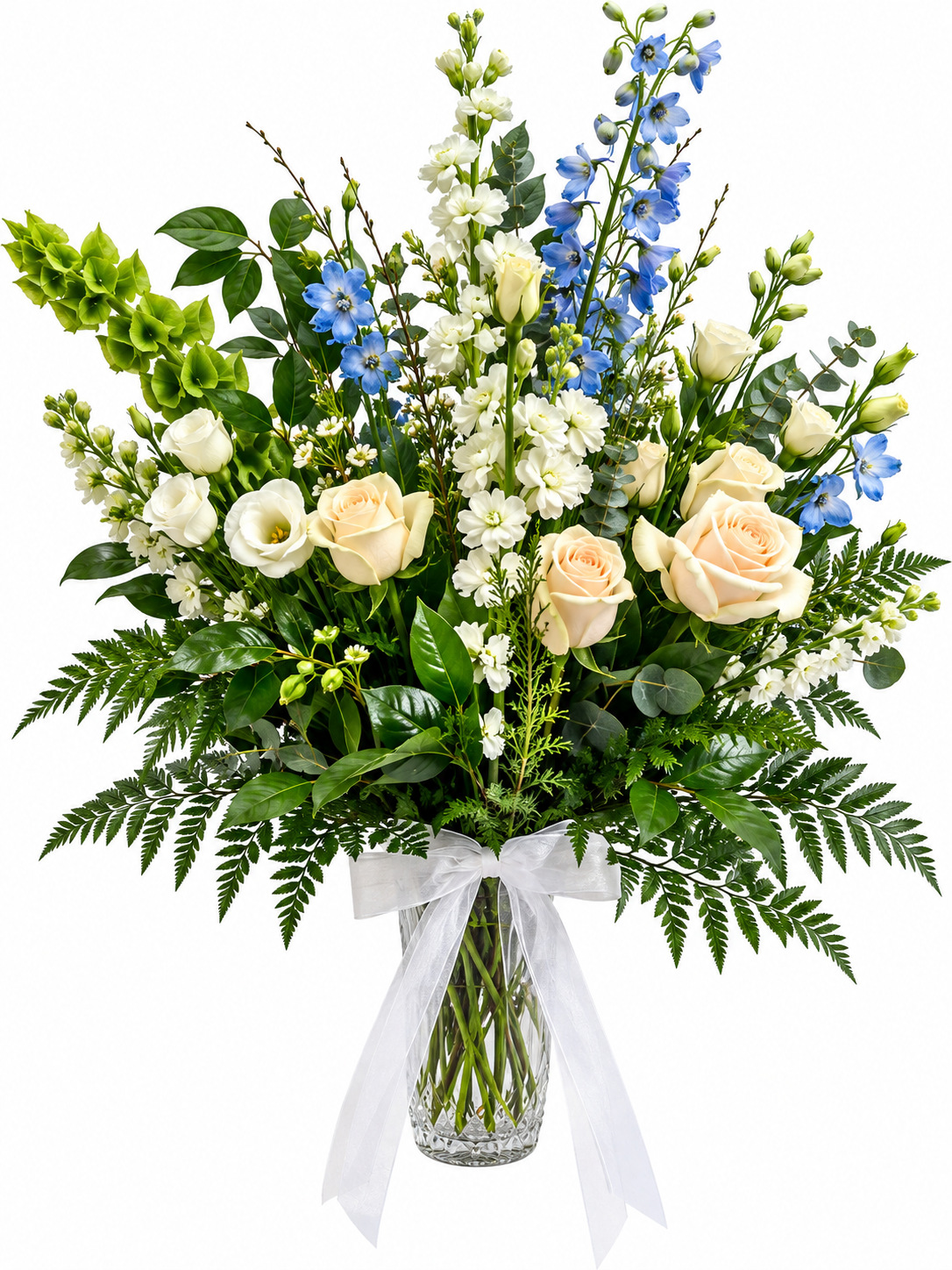 Cream Rose & Blue Delphinium Vase